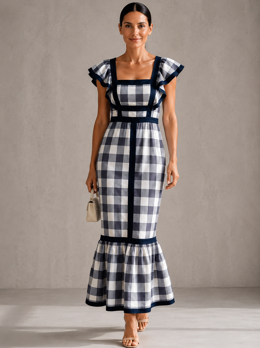 Gingham Square Neck Ruffle Strap Mermaid Maxi Dress