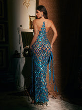Halterneck Embellished Mesh Maxi Dress In Blue - View 6