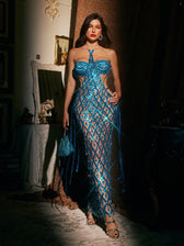 Halterneck Embellished Mesh Maxi Dress In Blue - View 2