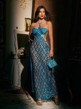 Halterneck Embellished Mesh Maxi Dress In Blue - View 3
