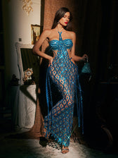 Halterneck Embellished Mesh Maxi Dress In Blue - View 4