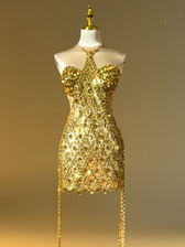 Rhinestone Fringe Mini Dress In Gold - View 7
