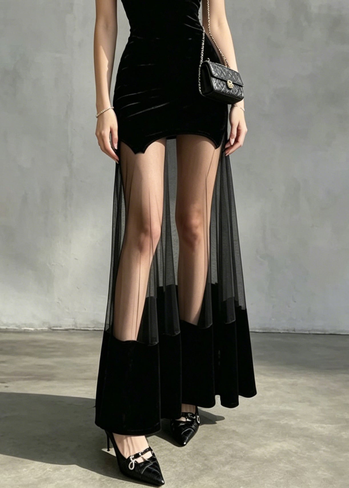 Strapless Velvet Bodycon Mesh Tulle Overlay Velvet Hem Band Maxi Dress
