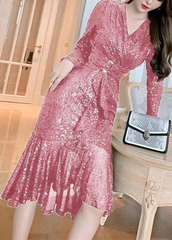 Sequin Deep V-Neck Long Sleeve Belted Mermaid Ruffle Hem Midi Dress