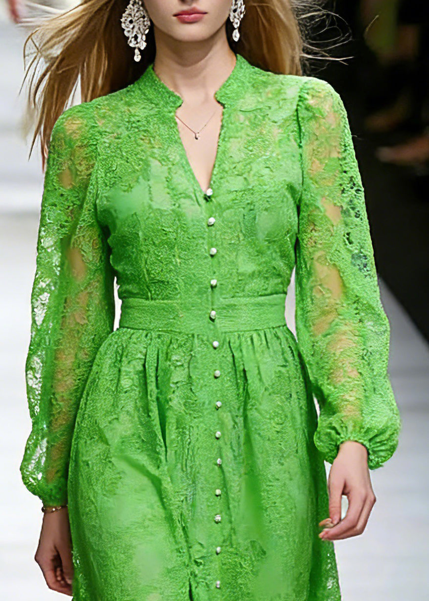 Lace V-Neck Mandarin Collar Bishop Sleeve Button Front Midi Dress