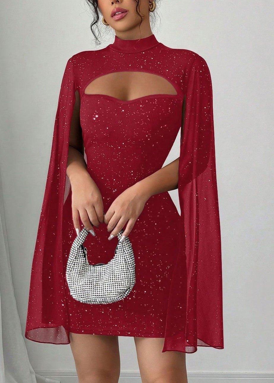 Dinner Red Stand Collar Sequins Patchwork Vacation Mid Cape Dresses Summer