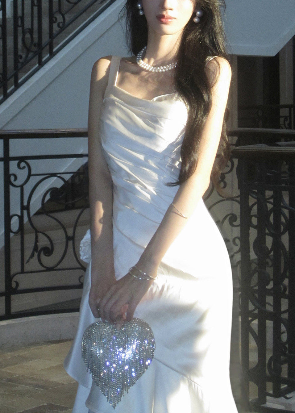 Dinner White Square Collar Asymmetrical Satin Long Spaghetti Strap Dresses Sleeveless