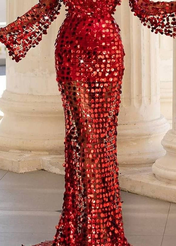 Sequin Deep V-Neck Bell Sleeve Sheer Mermaid Gown