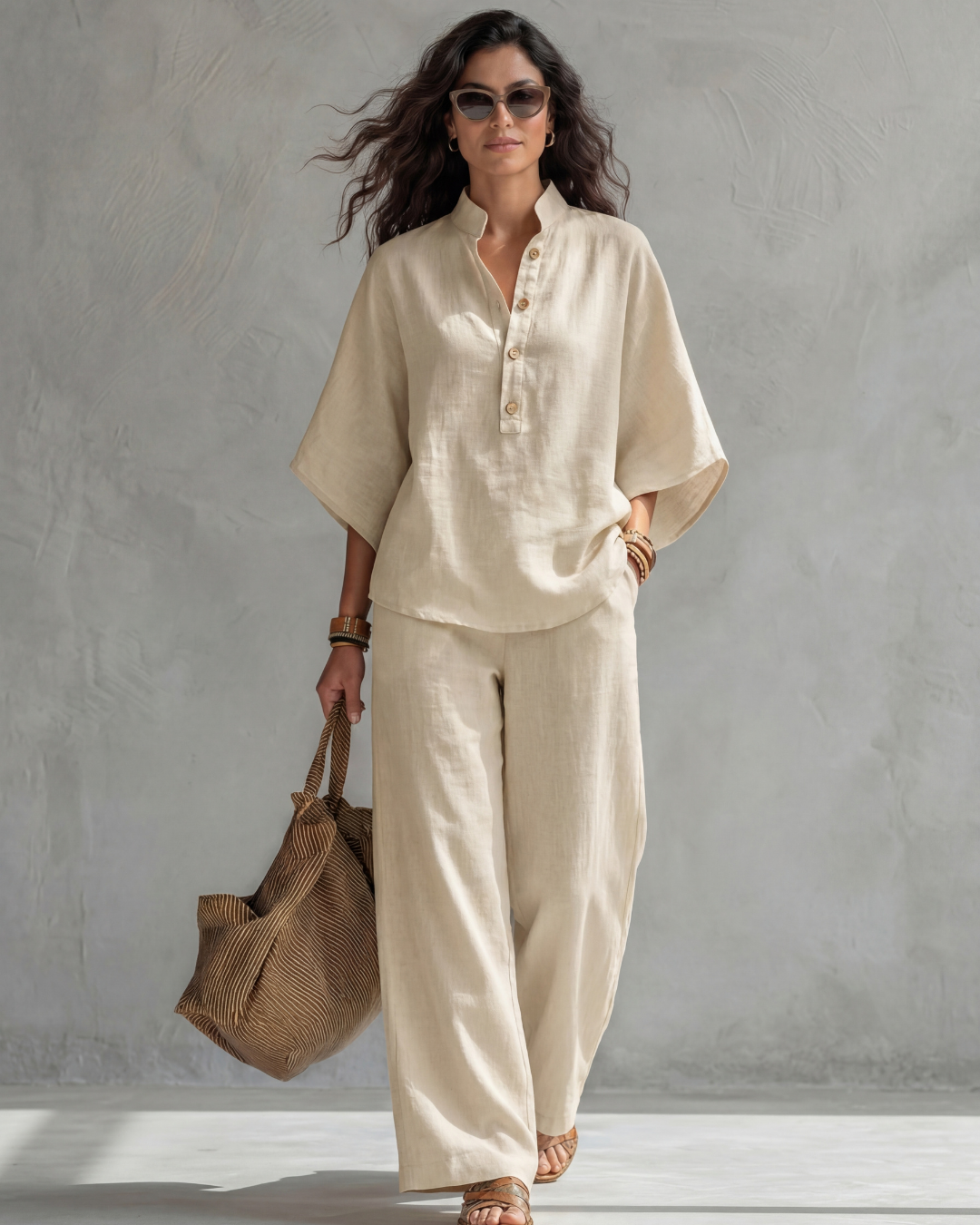 Mandarin Collar Half Sleeve Top and Wide Leg Pants Two Piece Set