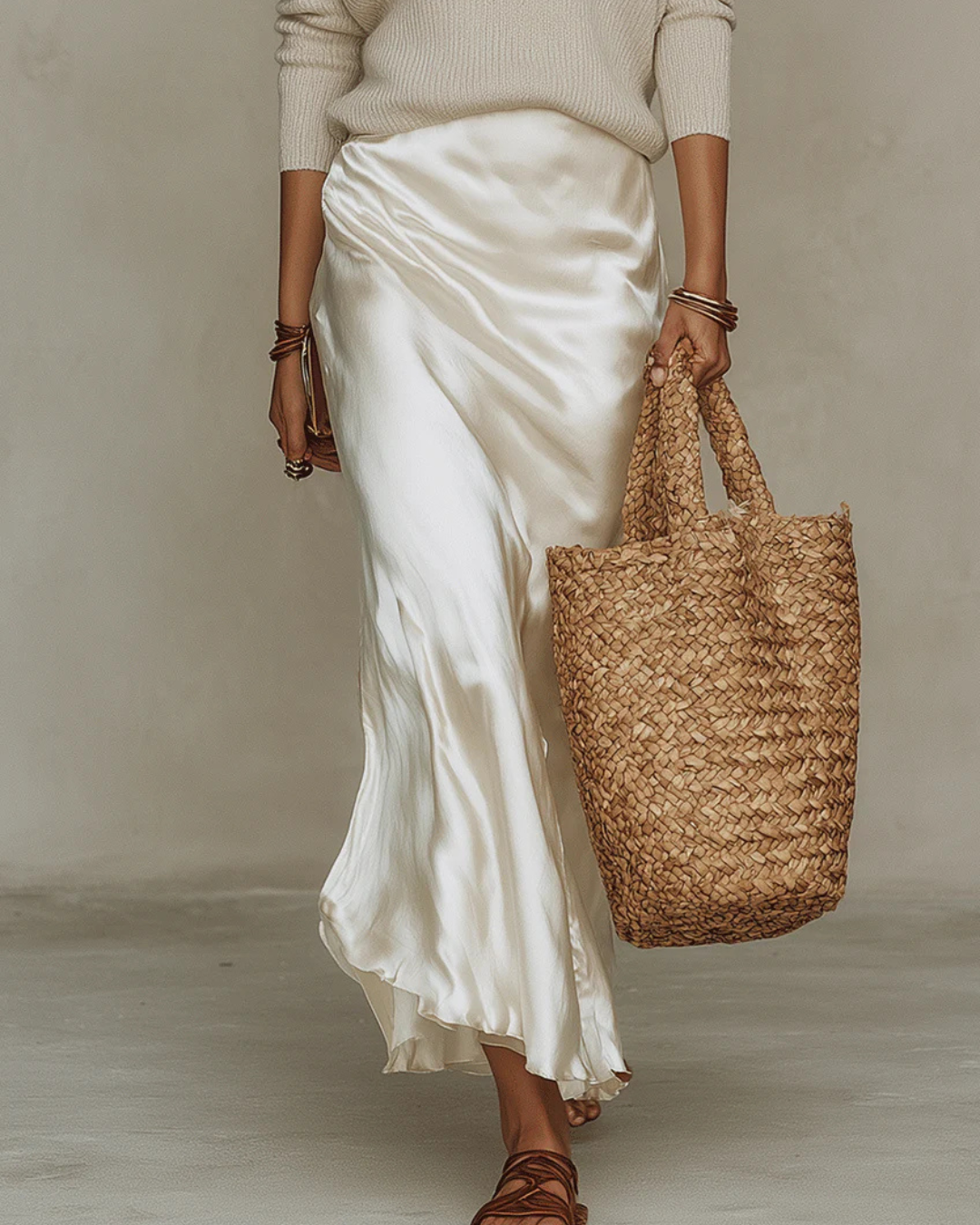 V-Neck Long Sleeve Knit Sweater and Satin Slip Maxi Skirt Two Piece Set