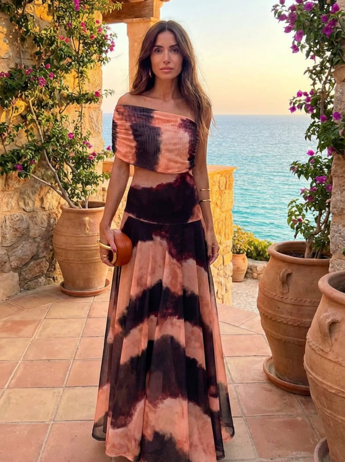 Tie Dye Print Off Shoulder Crop Top and Maxi Skirt Two Piece Set