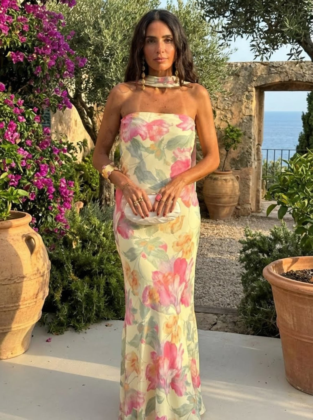 Long Strapless Floral Watercolor Dress