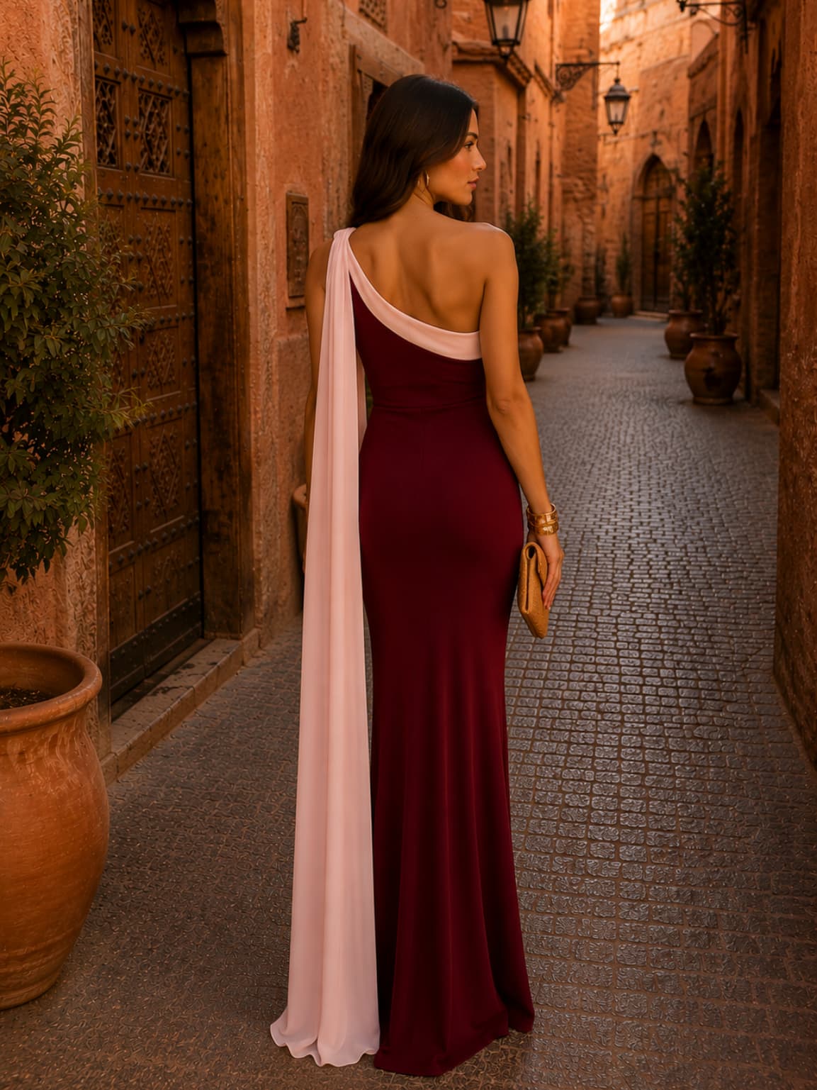 One Shoulder Contrast Draped Panel Mermaid Maxi Gown