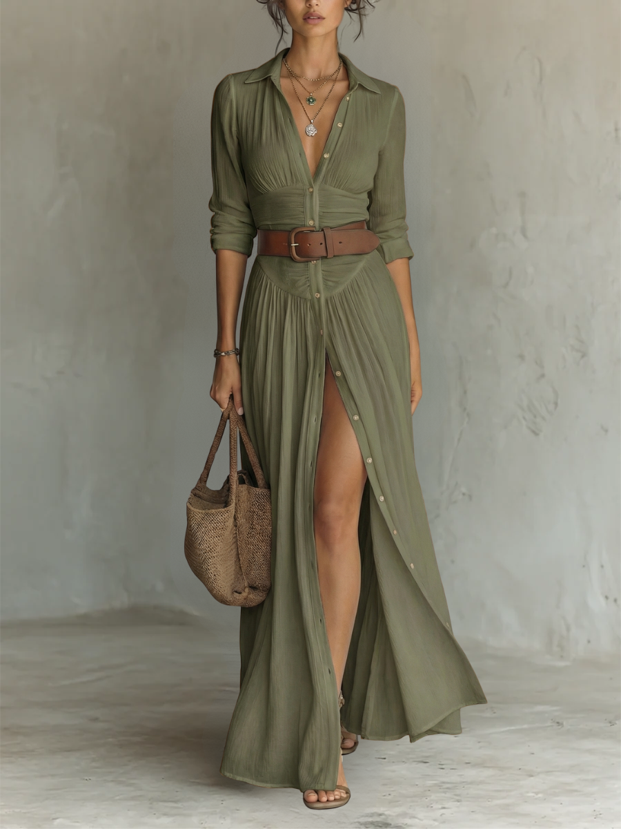 Long Sleeve Button Front High Split Collared Maxi Shirt Dress