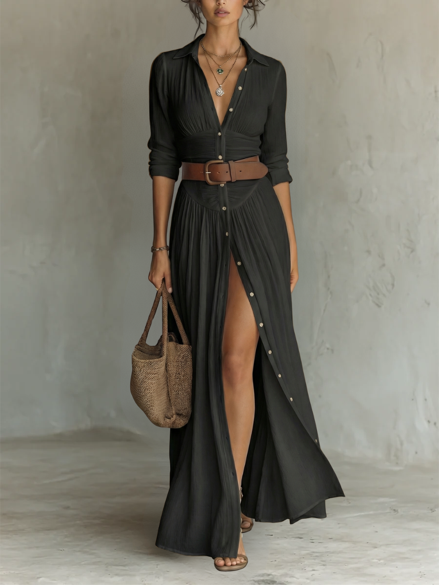 Button Front Collared Long Sleeve High Split Maxi Shirt Dress 5