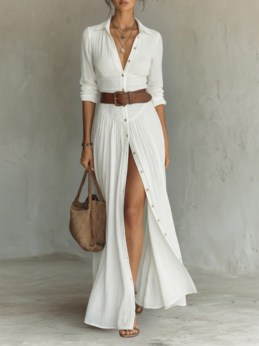 Button Front Collared Long Sleeve High Split Maxi Shirt Dress