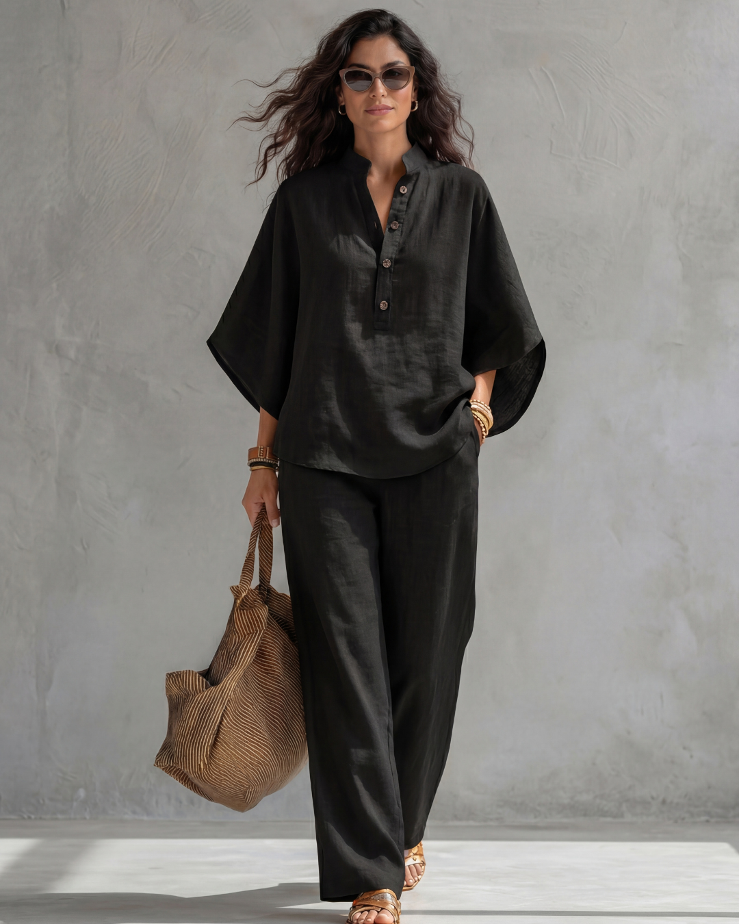 Mandarin Collar Half Sleeve Top and Wide Leg Pants Two Piece Set