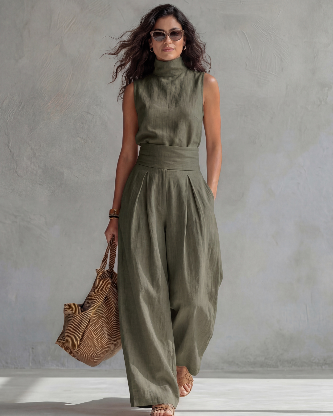 Sleeveless Turtleneck Top and Pleated Wide Leg Pants Two Piece Set
