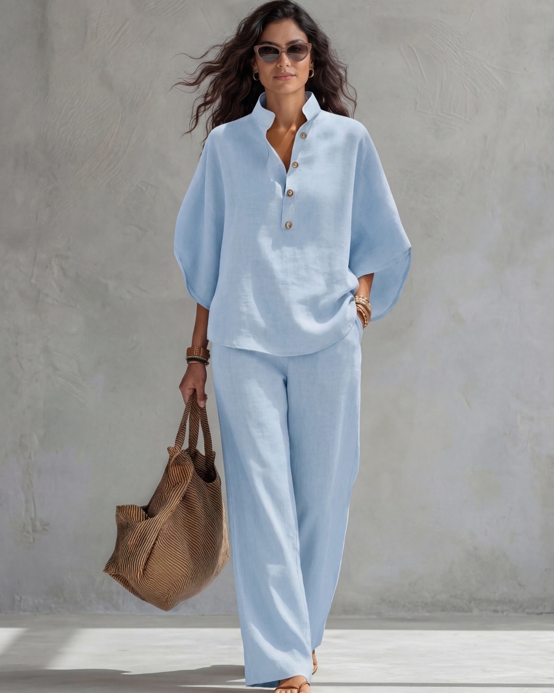 Mandarin Collar Half Sleeve Top and Wide Leg Pants Two Piece Set