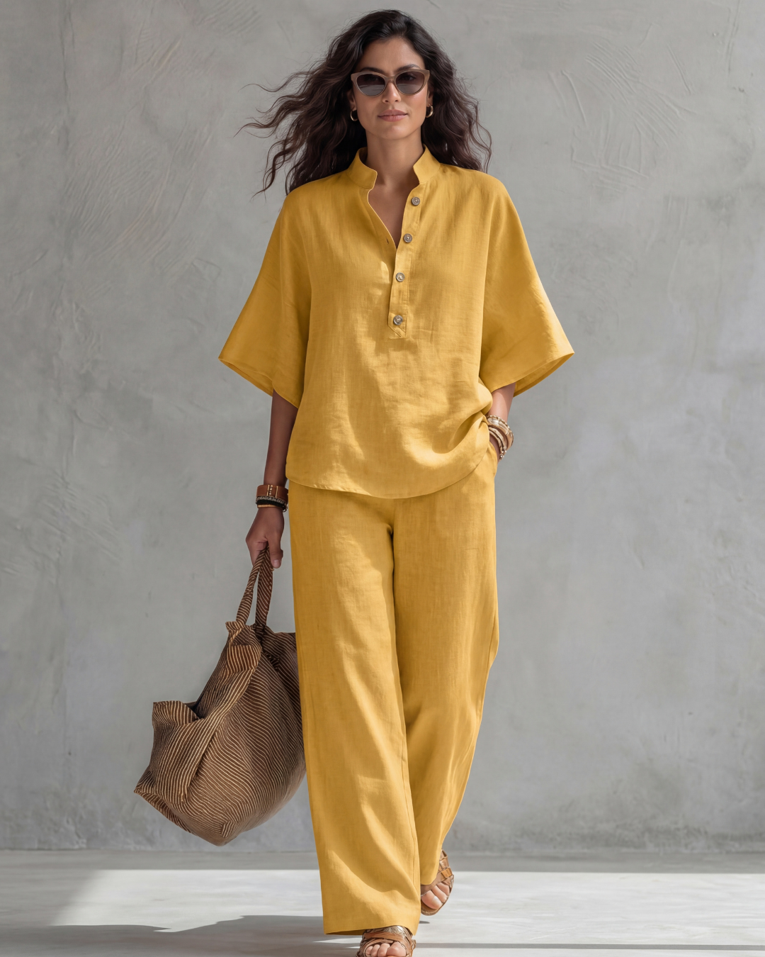 Mandarin Collar Half Sleeve Top and Wide Leg Pants Two Piece Set