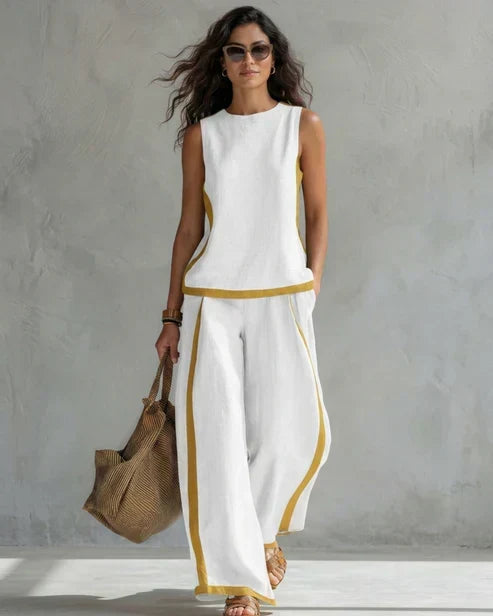 Sleeveless Contrast Trim Top and Wide Leg Pants Two Piece Set