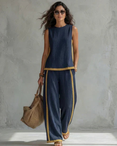 Sleeveless Contrast Trim Top and Wide Leg Pants Two Piece Set