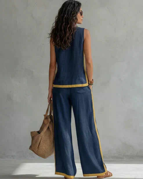 Sleeveless Contrast Trim Top and Wide Leg Pants Two Piece Set