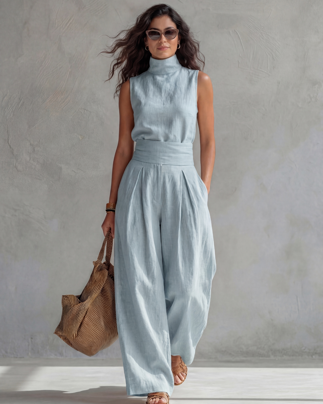 Sleeveless Turtleneck Top and Pleated Wide Leg Pants Two Piece Set