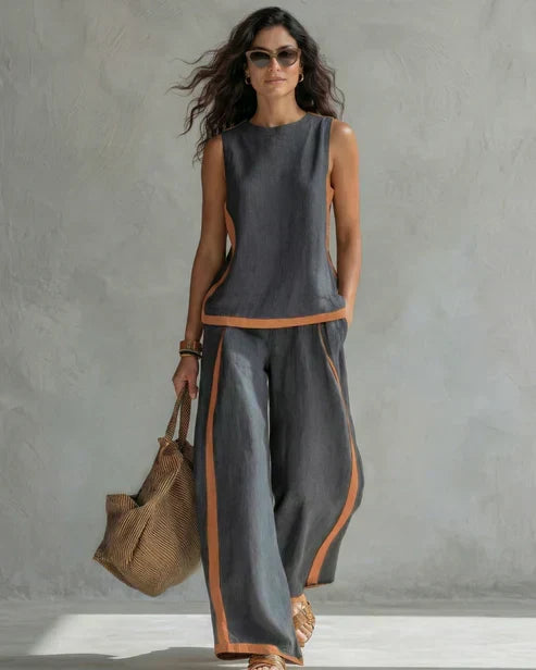 Sleeveless Contrast Trim Top and Wide Leg Pants Two Piece Set