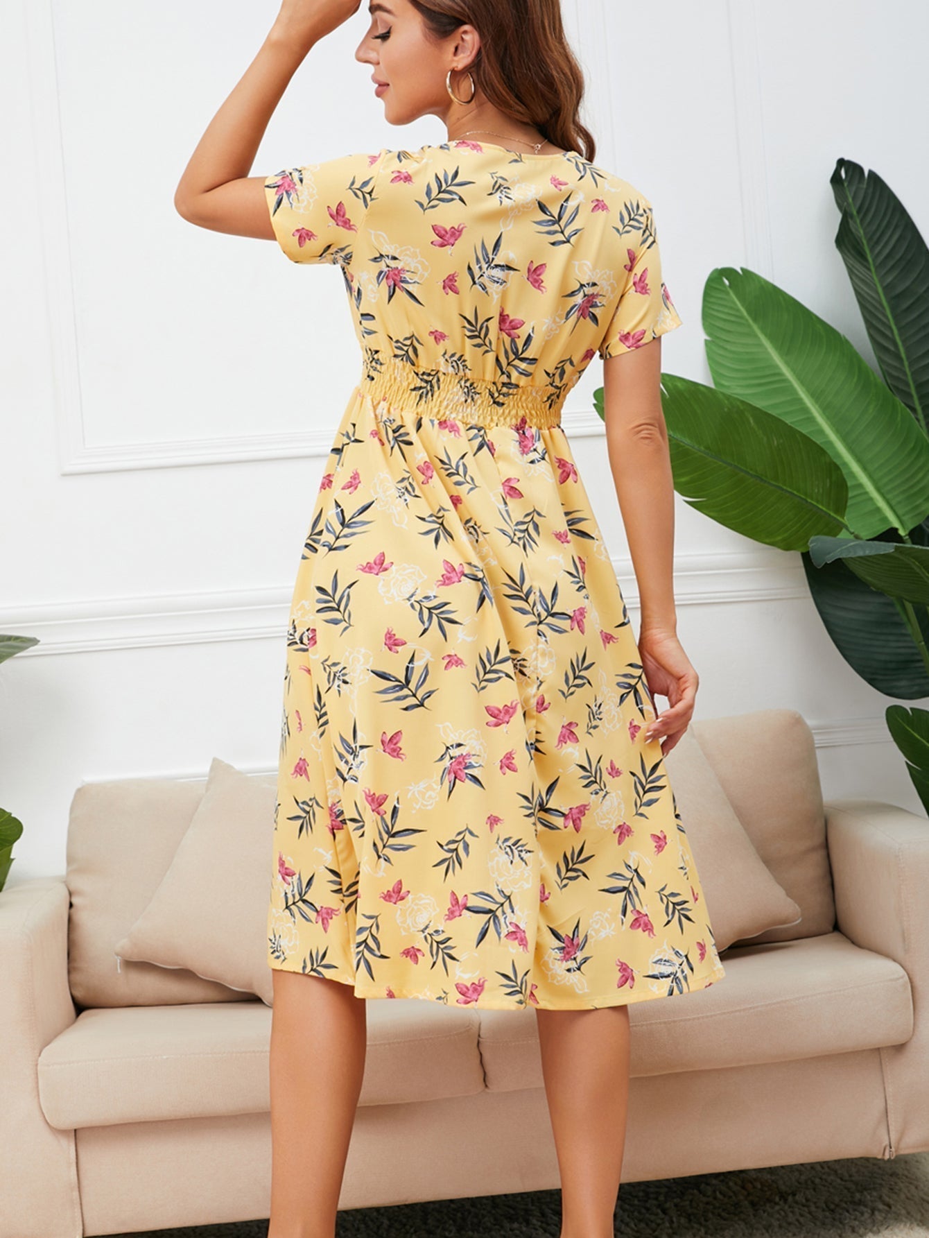 Disty Floral Ruffle Hem Elastic Waist Summer Dress