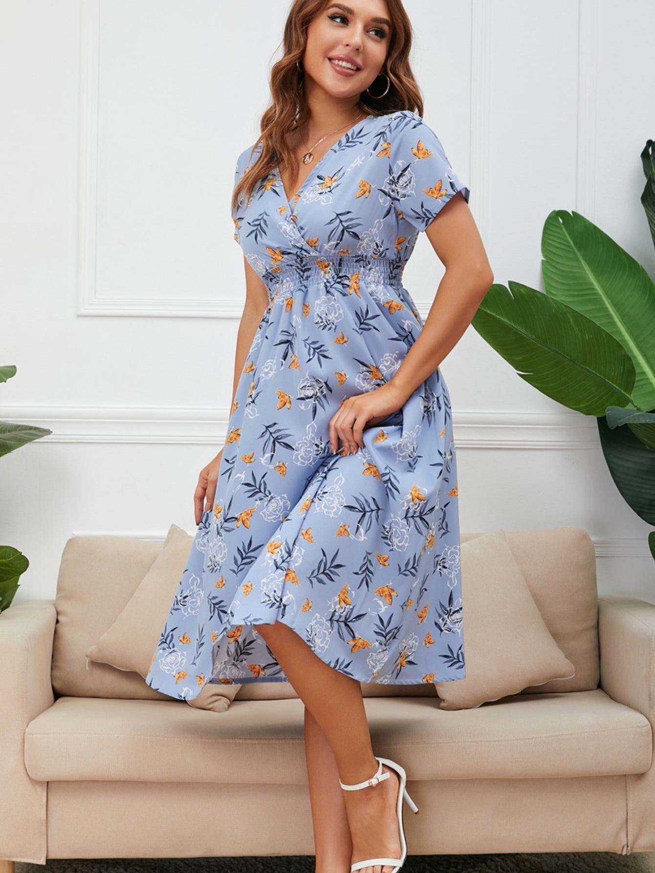 Disty Floral Ruffle Hem Elastic Waist Summer Dress