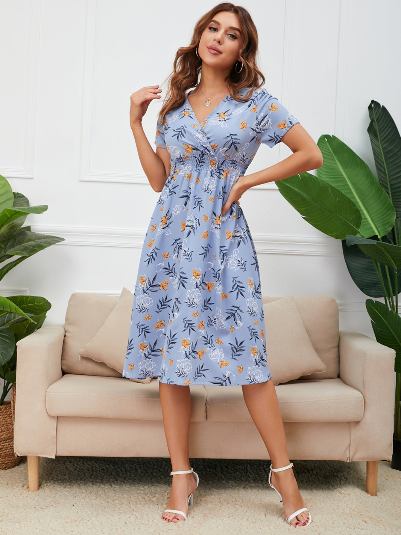 Disty Floral Ruffle Hem Elastic Waist Summer Dress