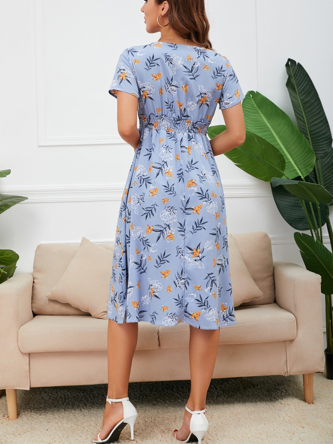Disty Floral Ruffle Hem Elastic Waist Summer Dress