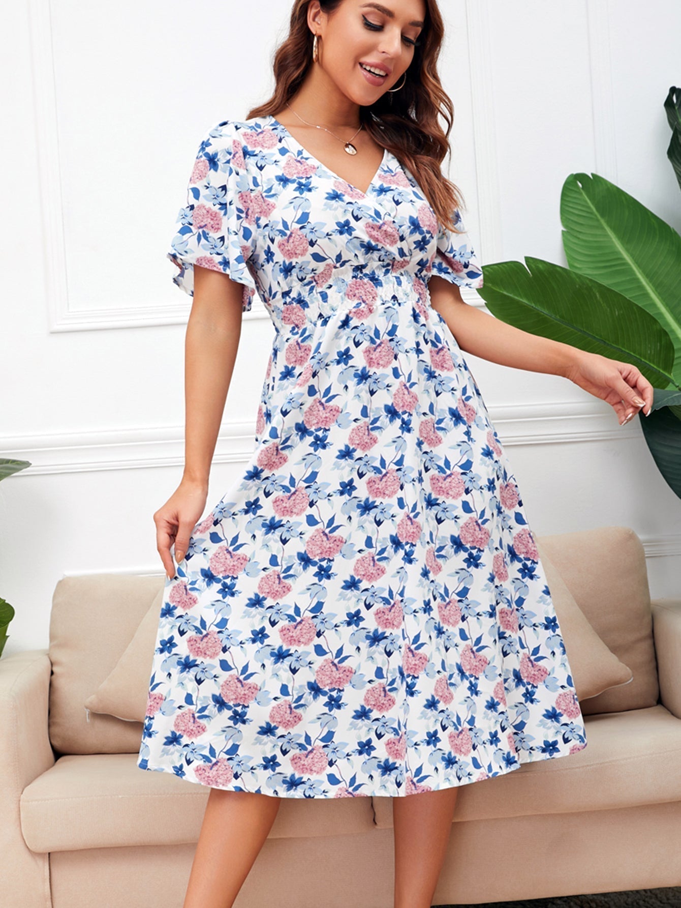 Disty Floral Smocked Waist Back Detail Dress