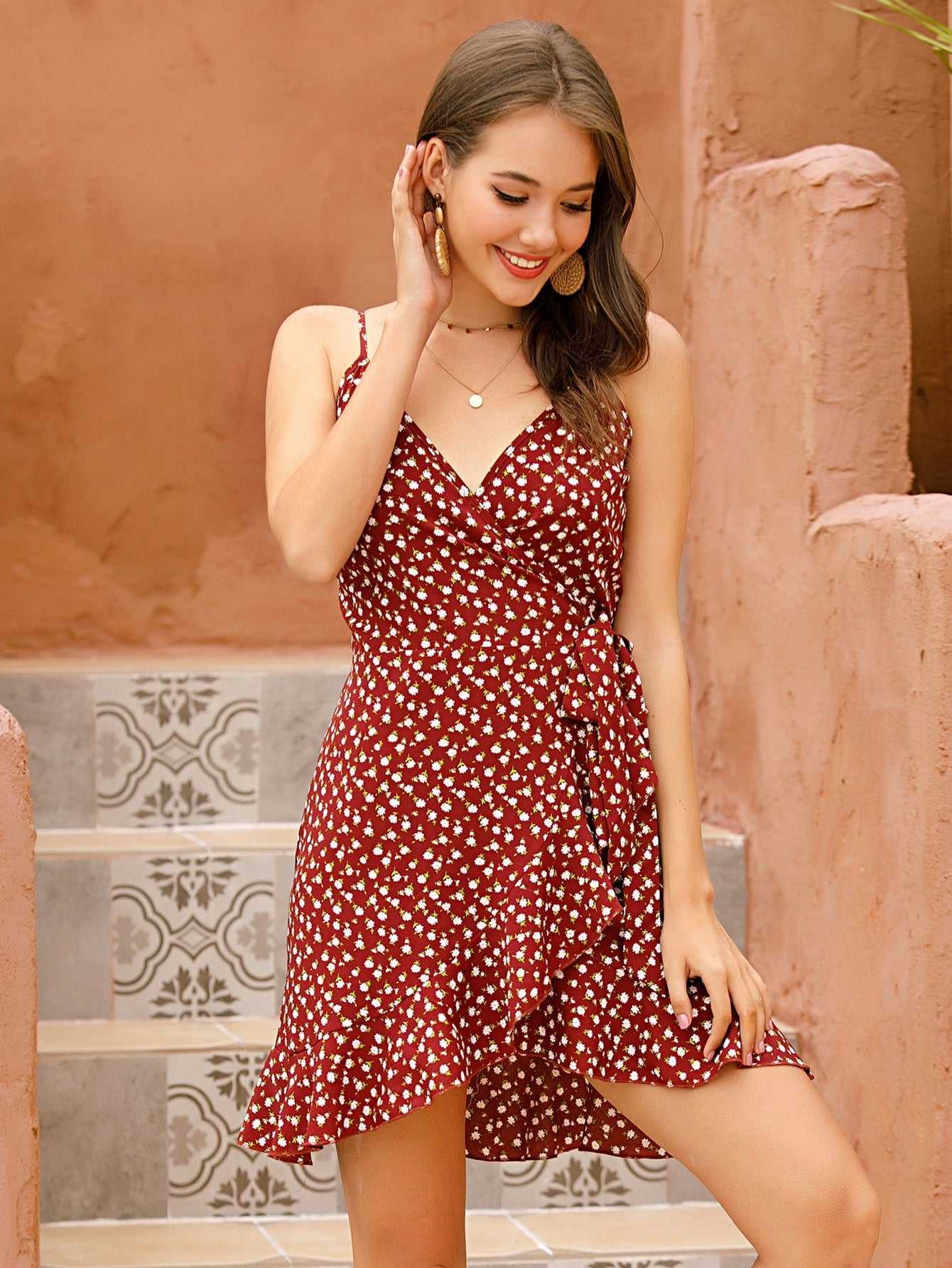 Ditsy Floral Print ruffled hem Knot Side Wrap A-line Cami Dress Polka