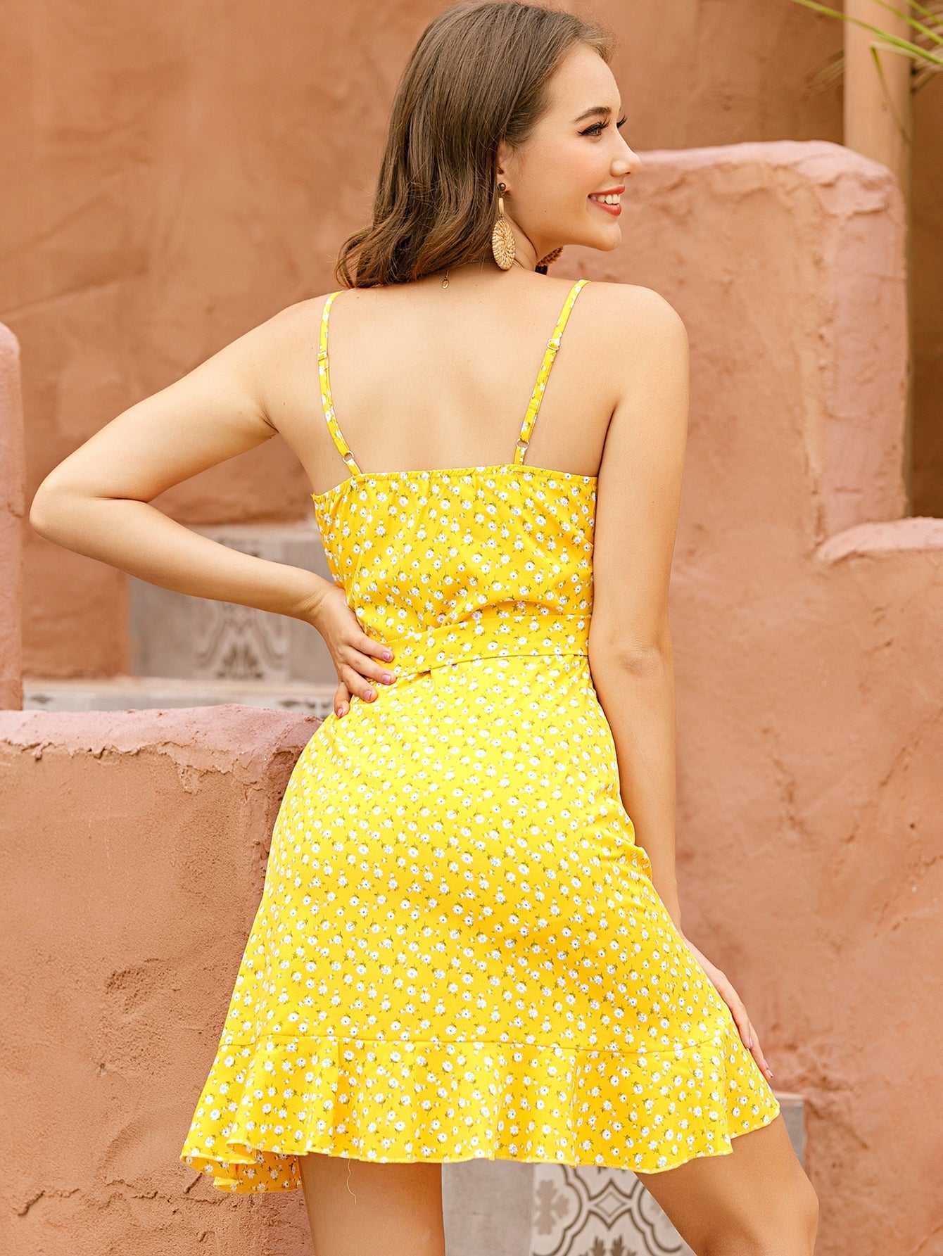 Ditsy Floral Print ruffled hem Knot Side Wrap A-line Cami Dress Polka