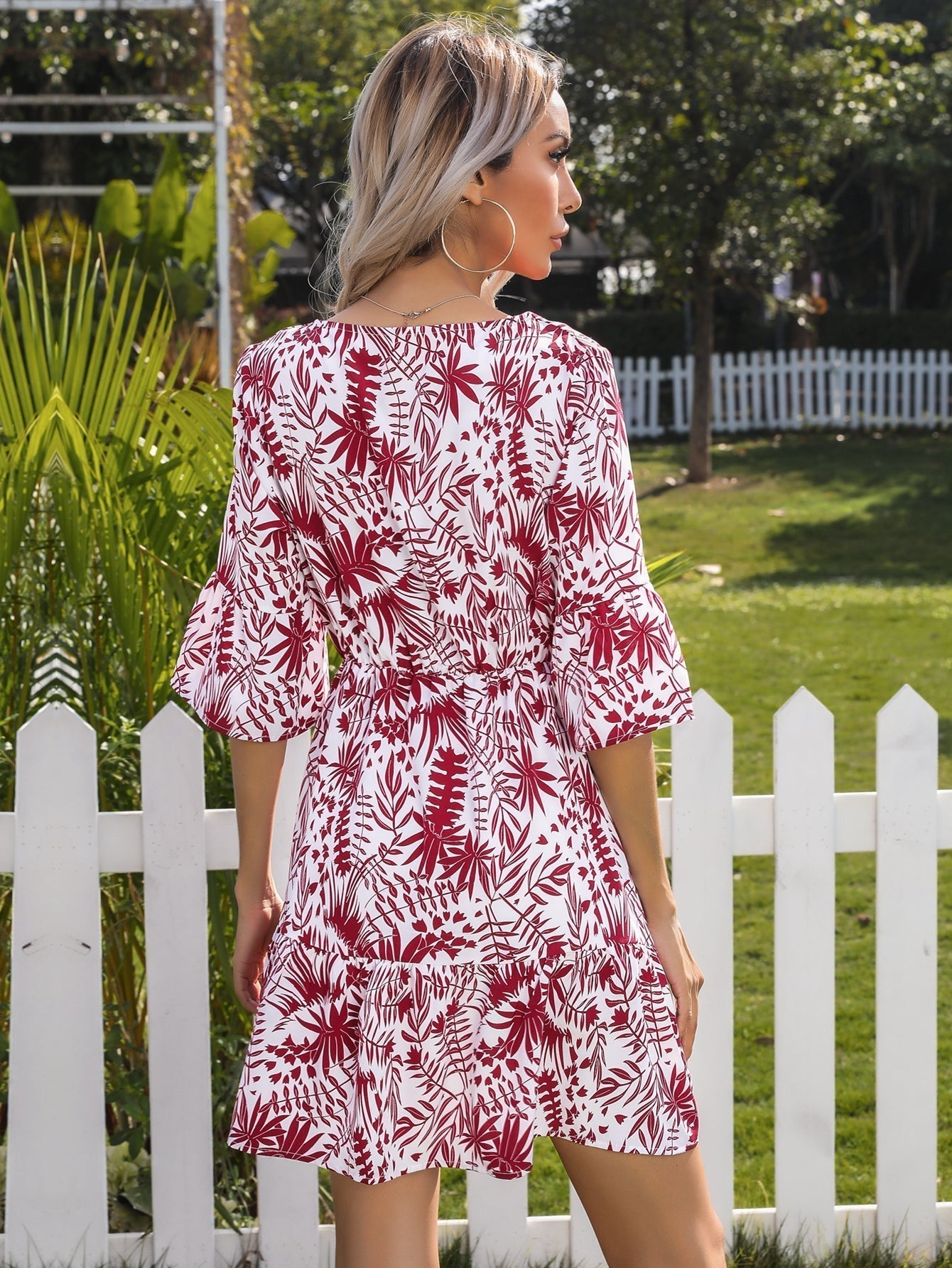 Ditsy floral print V neck Flutter Sleeve Belted Dress