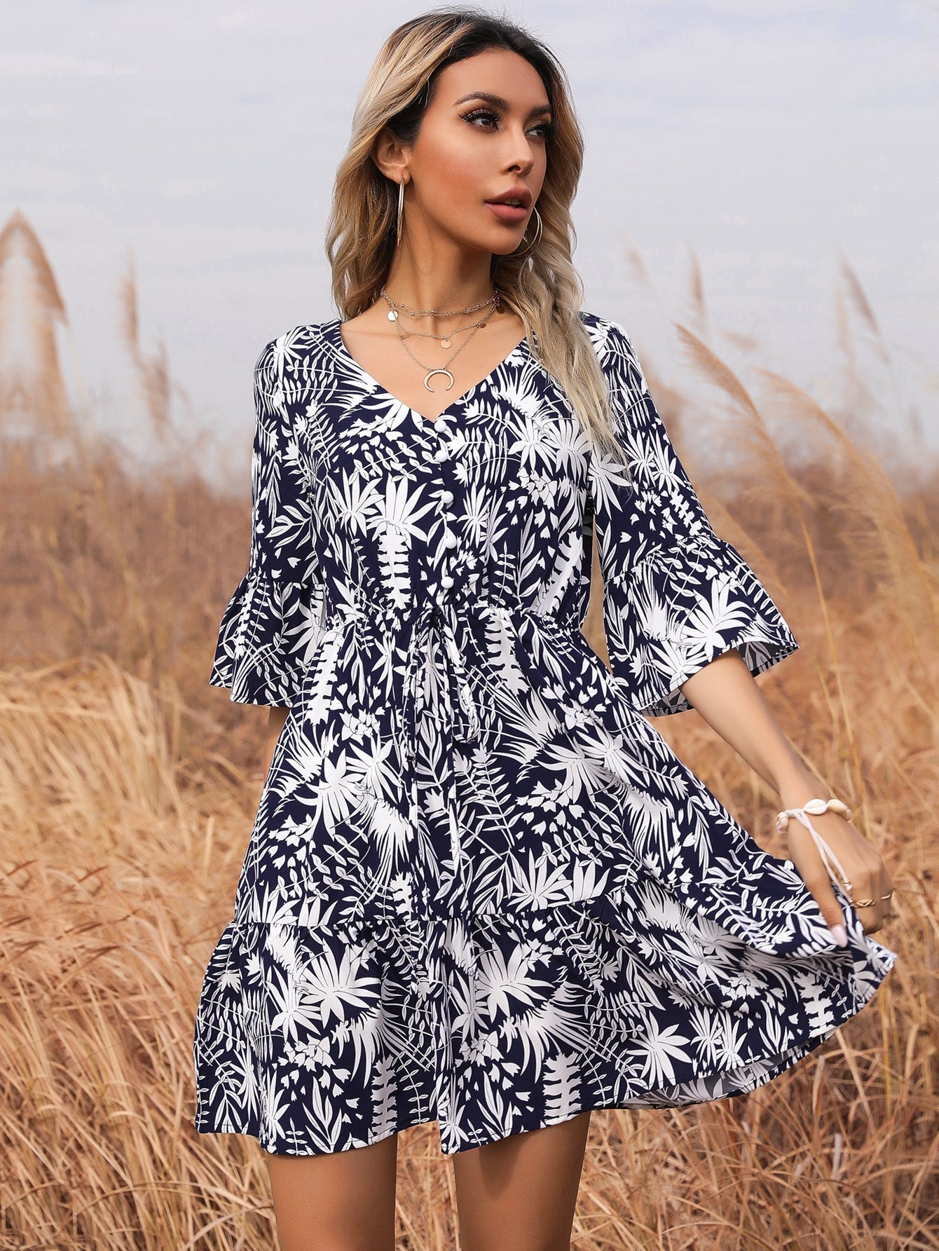 Ditsy floral print V neck Flutter Sleeve Belted Dress