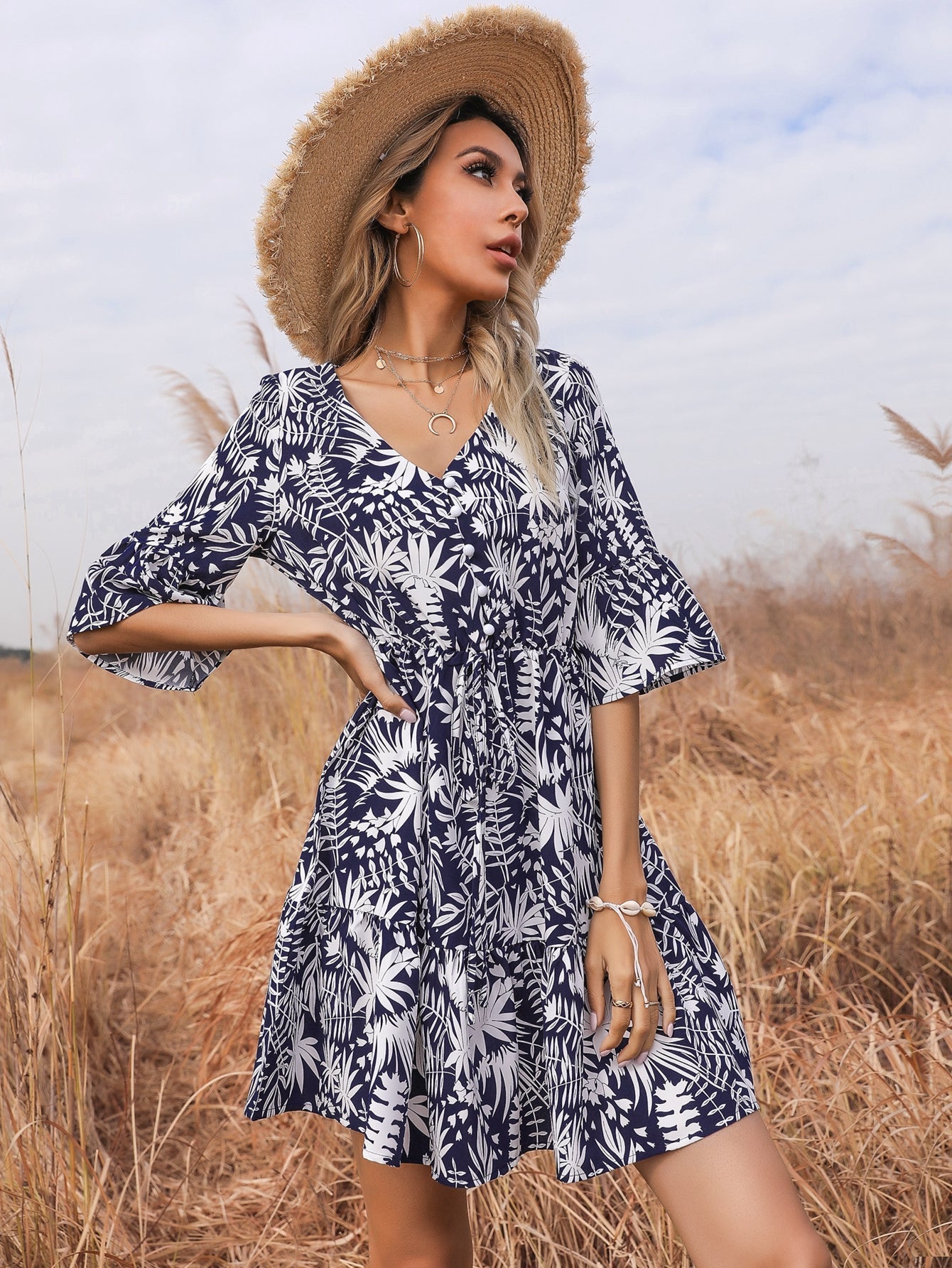 Ditsy floral print V neck Flutter Sleeve Belted Dress