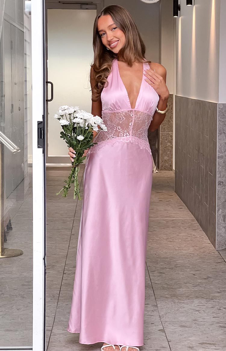 Satin Halter Neck Deep V Lace Waist Maxi Dress 7