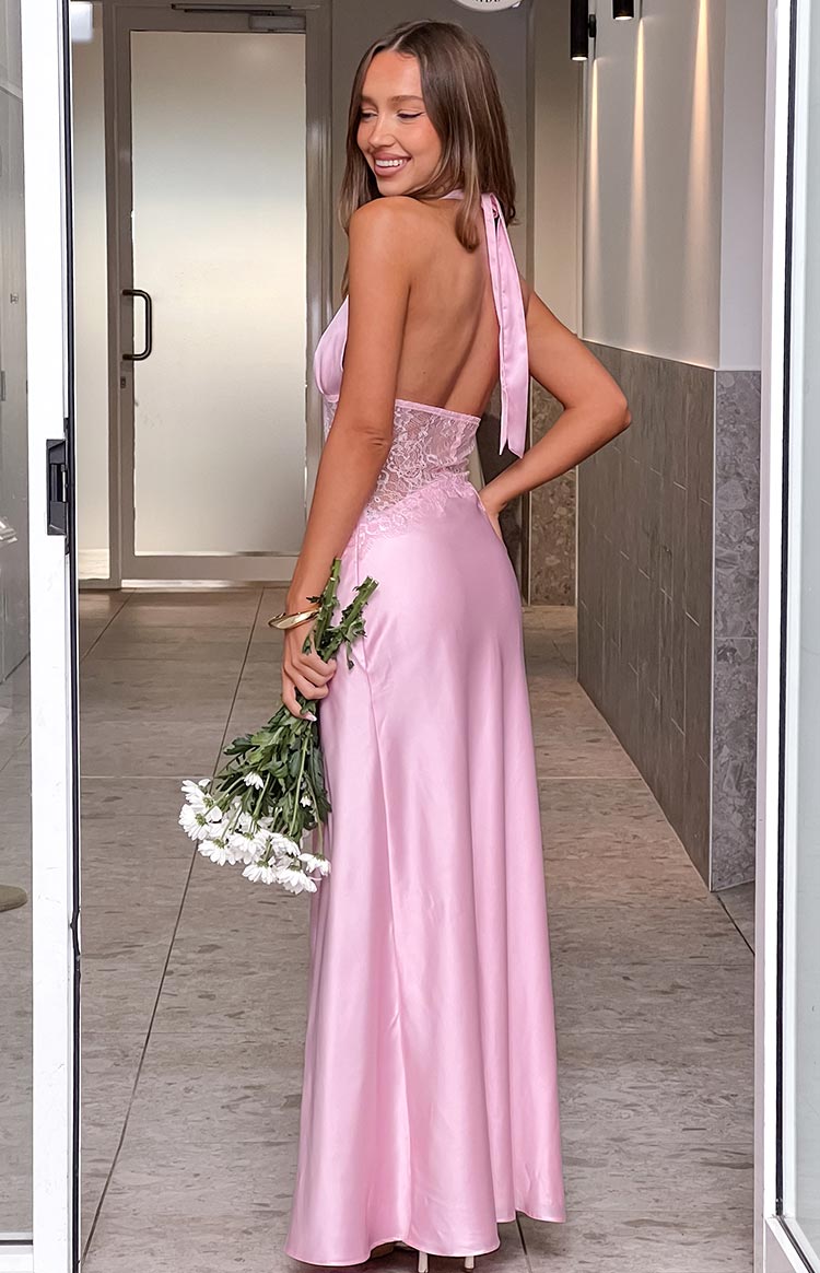 Satin Halter Neck Deep V Lace Waist Maxi Dress 9