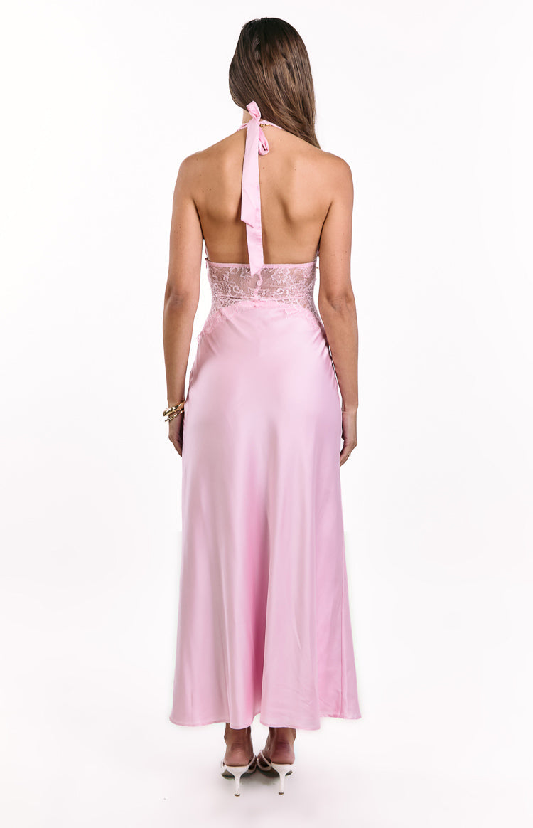 Satin Halter Neck Deep V Lace Waist Maxi Dress 5