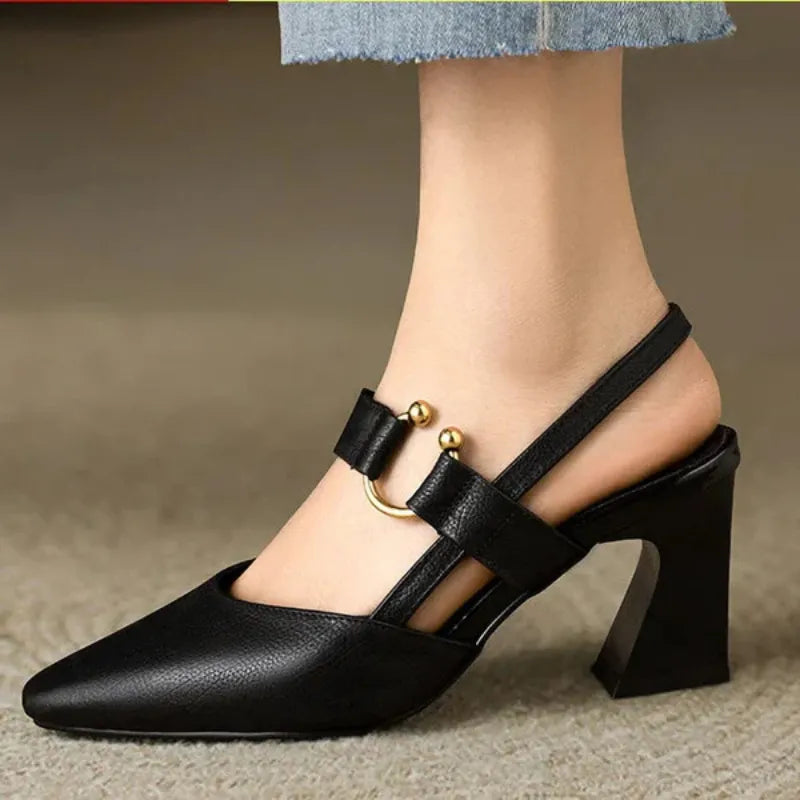 Pointed Toe Buckle Strap Slingback Block Heel Pumps