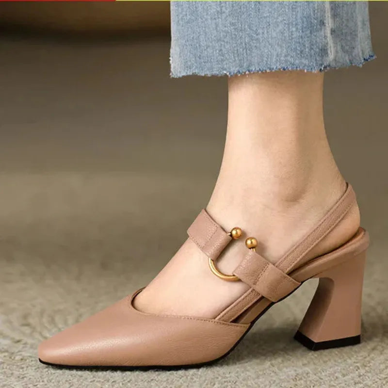 Pointed Toe Buckle Strap Slingback Block Heel Pumps