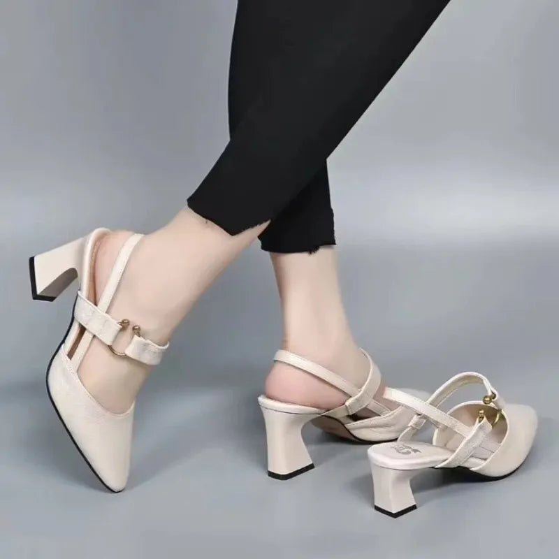 Pointed Toe Buckle Strap Slingback Block Heel Pumps