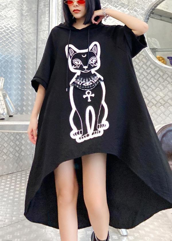 Diy Black Print Low High Design Hooded Ankle Dress Summer