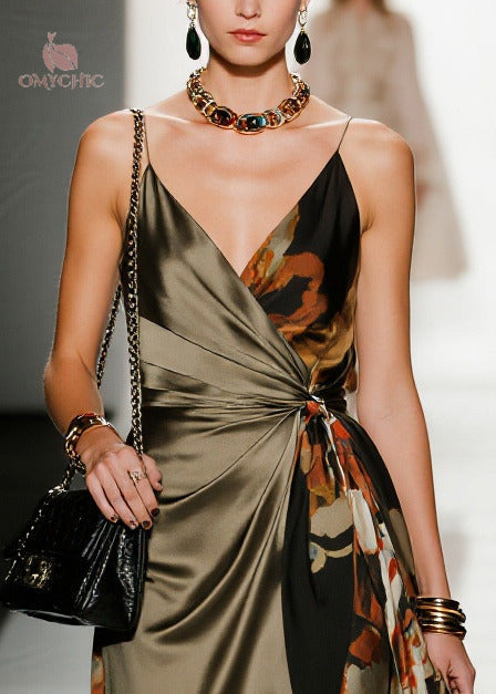 Floral Print Spaghetti Strap Asymmetric Wrap Panel High Split Satin Midi Dress