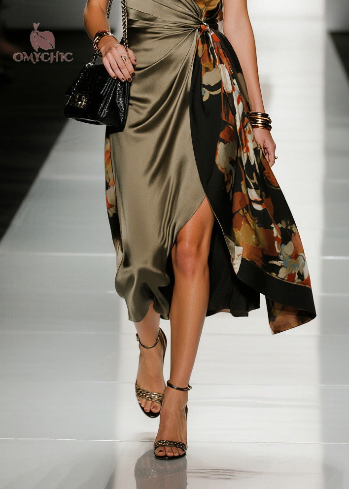 Floral Print Spaghetti Strap Asymmetric Wrap Panel High Split Satin Midi Dress