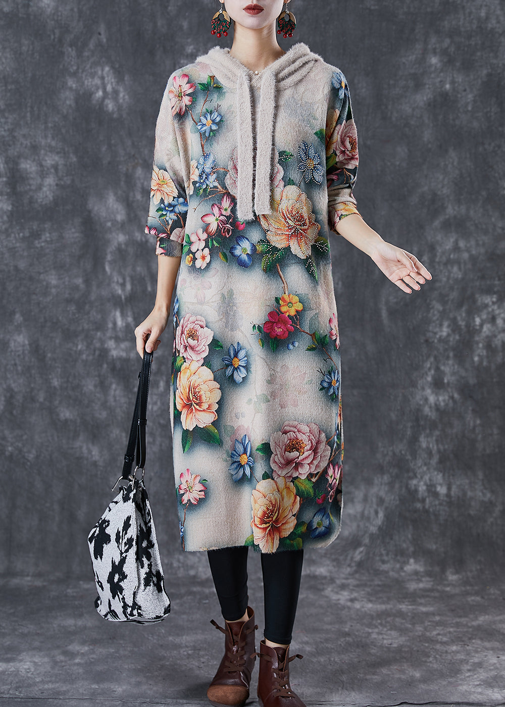 Floral Print Hooded Drawstring Rib Knit Drop Shoulder Midi Dress