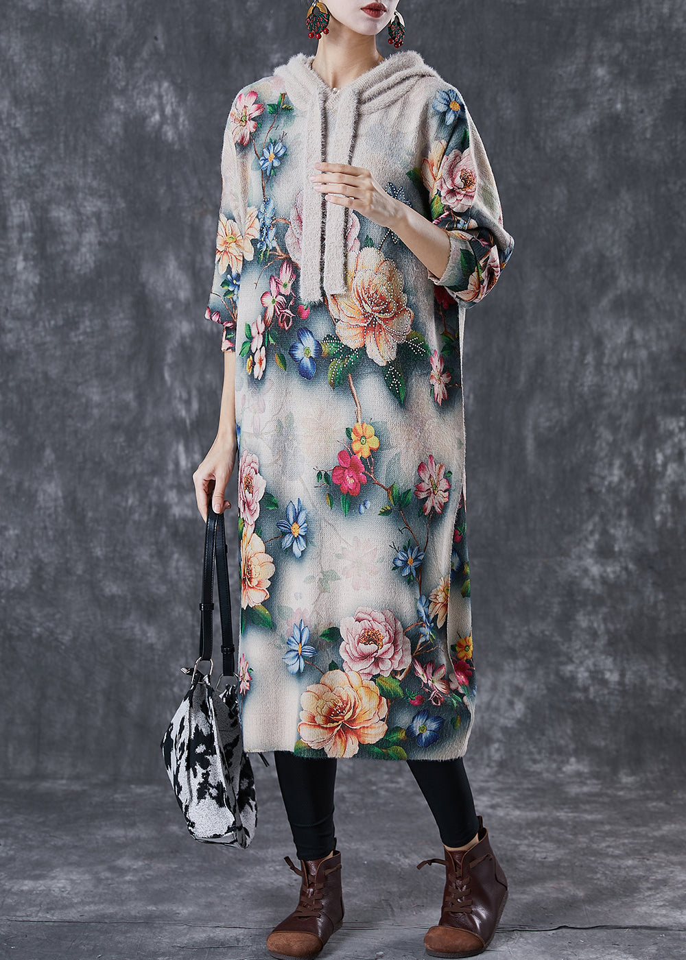 Floral Print Hooded Drawstring Rib Knit Drop Shoulder Midi Dress